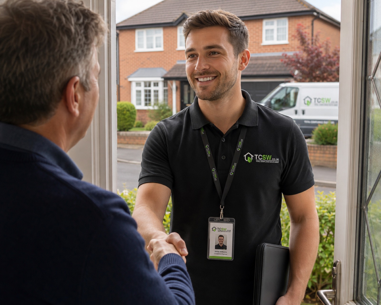 TCSW compliance engineer greeting a homeowner at the door